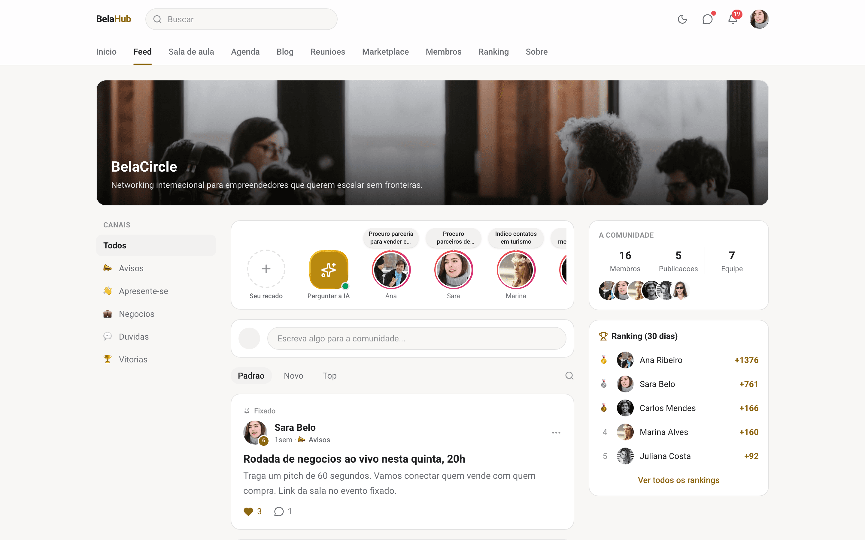 O hub da BelaHubs, com curso e comunidade no mesmo lugar