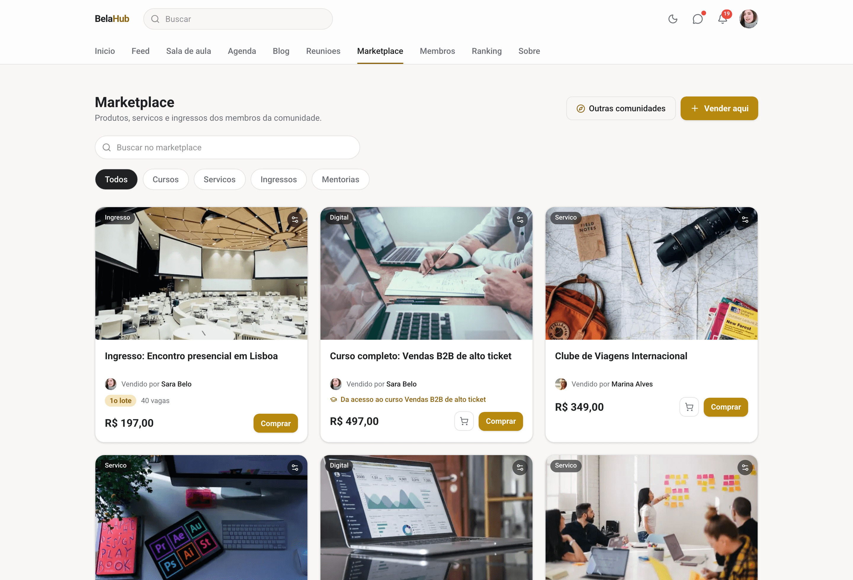 O marketplace da comunidade, com produtos a venda