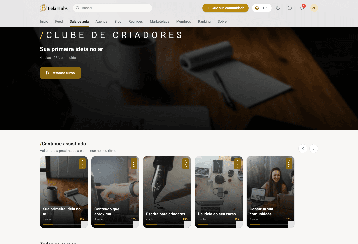 A area de alunos, com cursos e aulas