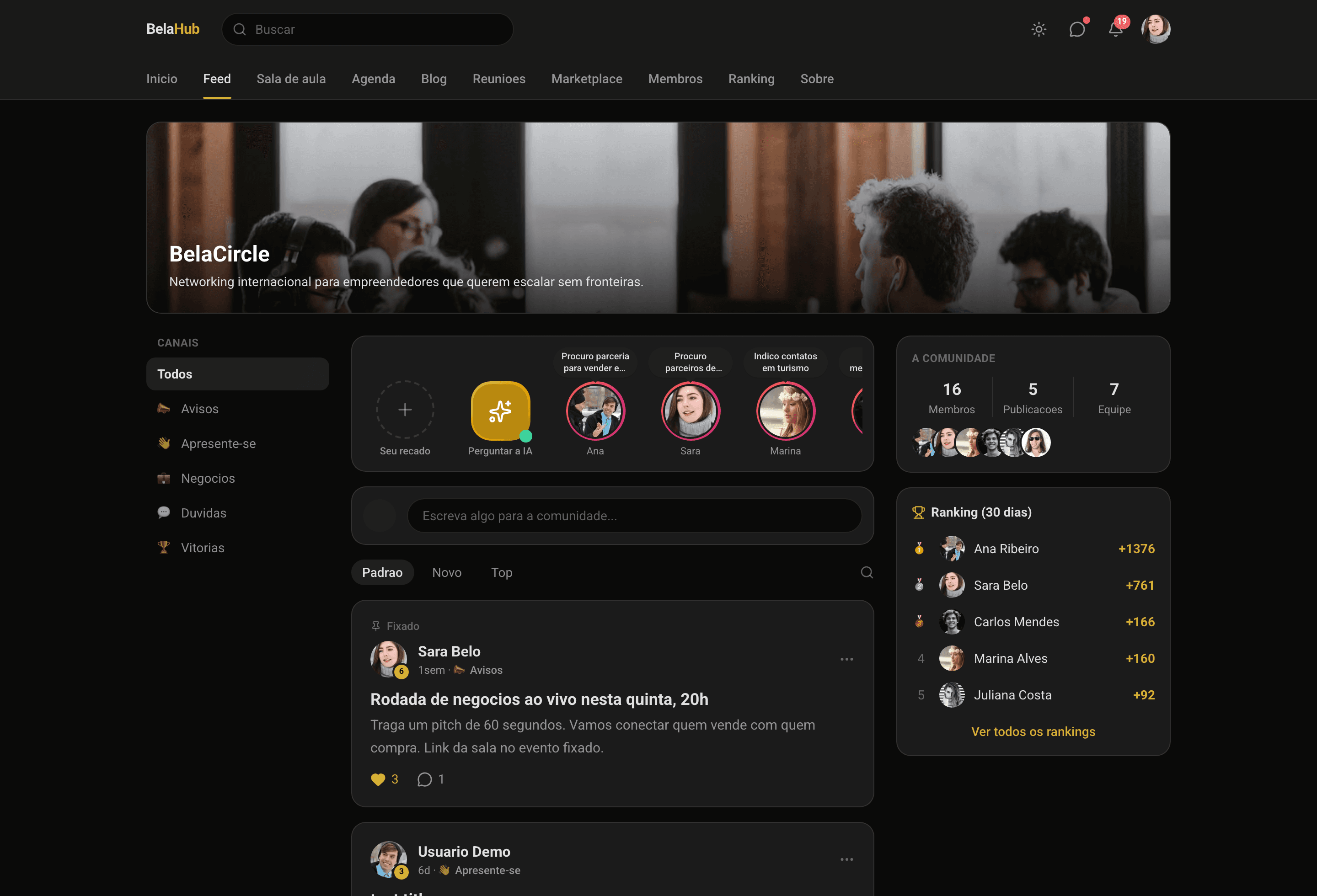 O feed de uma comunidade na BelaHubs