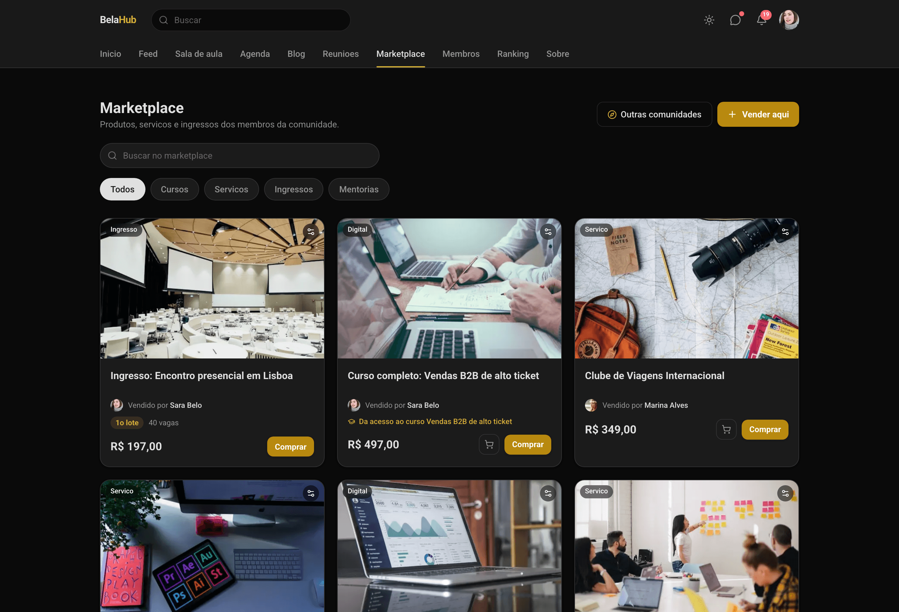 O marketplace da comunidade, com produtos a venda