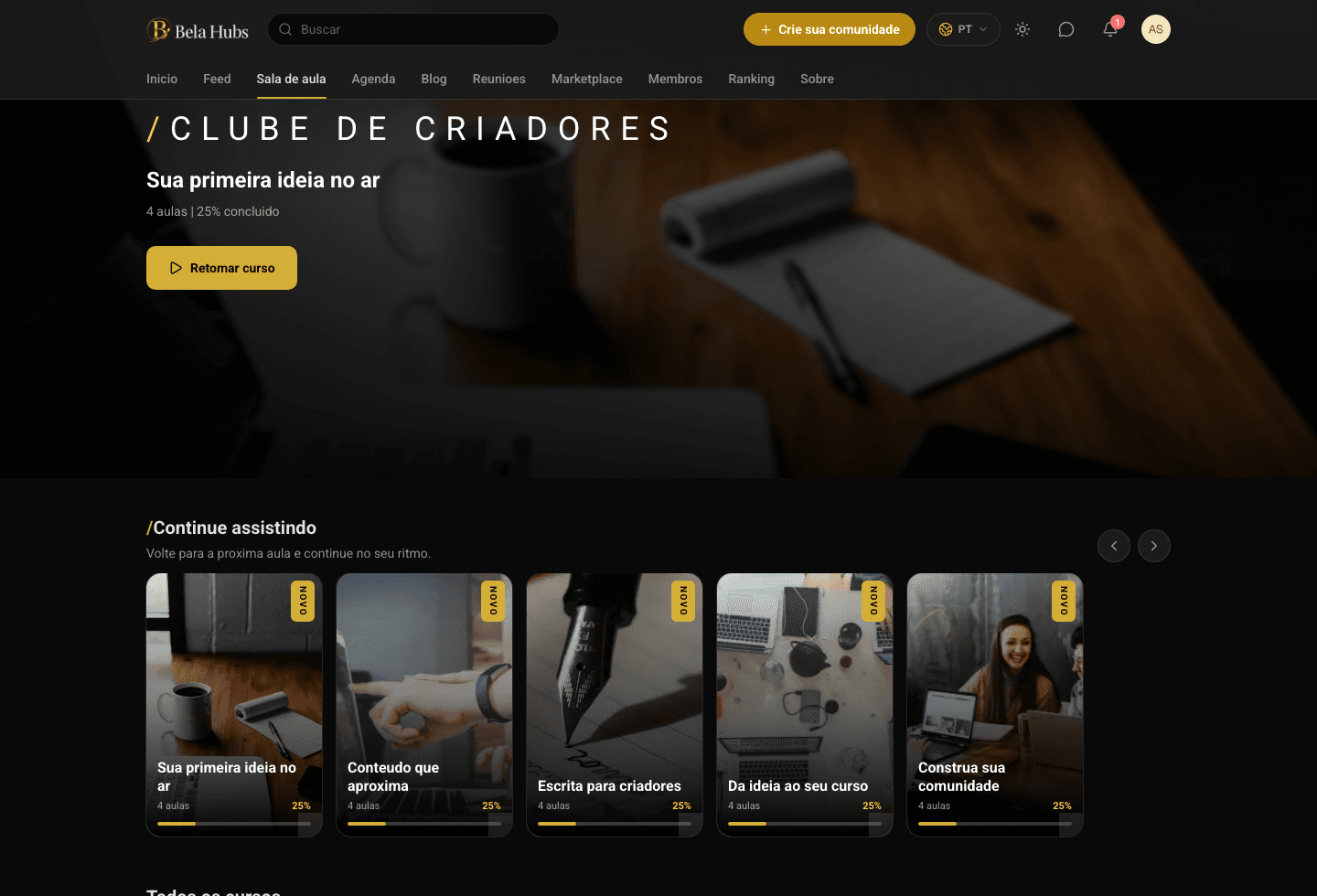 A area de alunos, com cursos e aulas